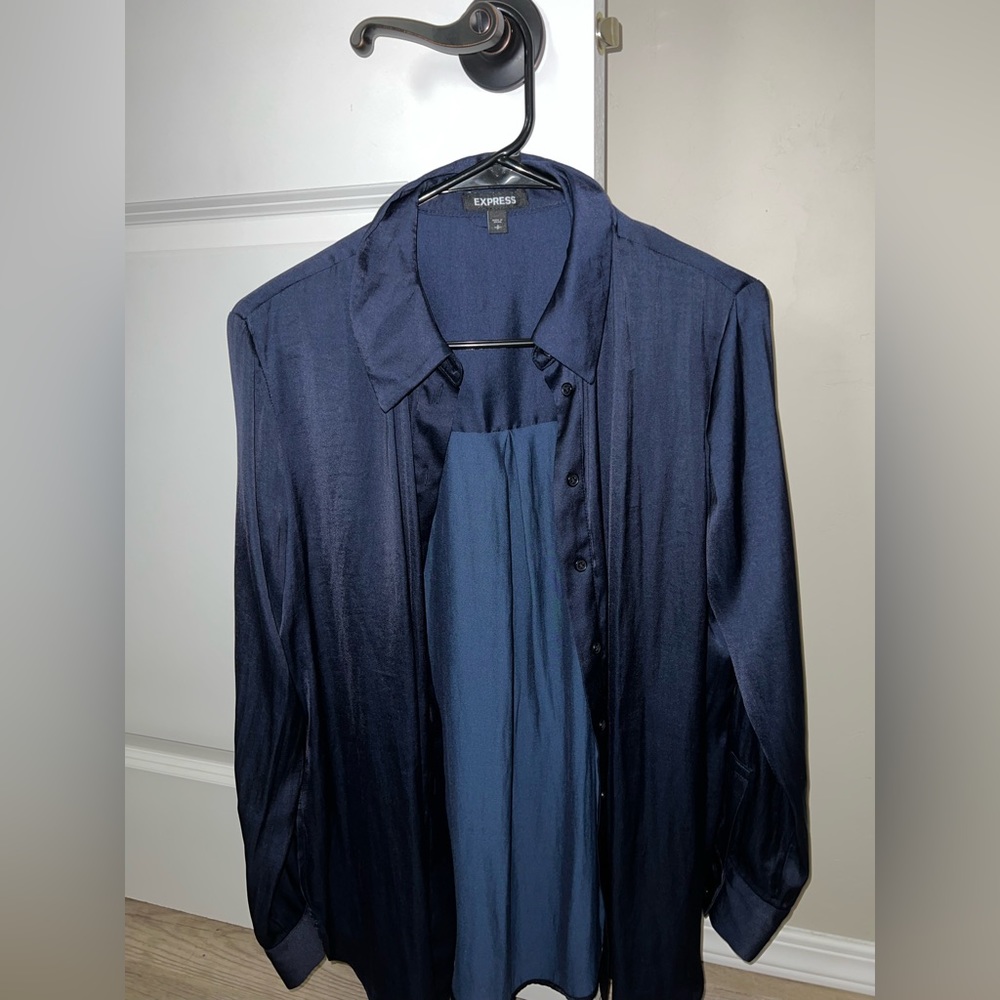 Express Satin Navy Blue Button Down Work Blouse